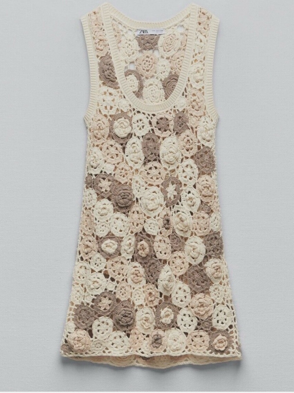 Zara Limited Edition Crochet Floral Tank Dress in Cream and Taupe